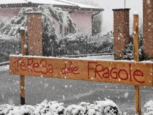um sinal que lê flsa die lareira na neve em Agriturismo Teresa delle Fragole 