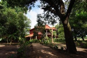 a red house with a tree in front of it at Arun Mekong Guesthouse in Kratie