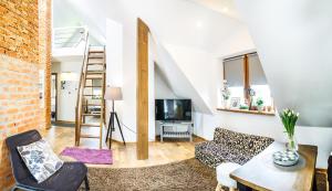 a living room with a couch and a tv at GRAPA LOFT Dom w Górach Apartament Wypoczynek w górach in Lipnica Wielka