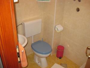 a bathroom with a toilet with a blue lid at Apartment Roby in Vrsar
