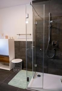 a shower with a glass door in a bathroom at Appartements London/New York in Forheim