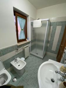 een badkamer met een wastafel, een douche en een toilet bij Alloggio turistico La Maison de Matì in Monterotondo