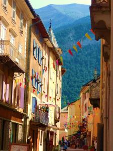 une rue étroite avec des bâtiments et des drapeaux dans une ville dans l'établissement LOU FILADOUR 4 PERSONNES 1er étage, à Jausiers