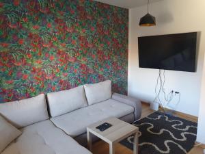 a living room with a couch and a painting on the wall at Proximus in Sremska Mitrovica