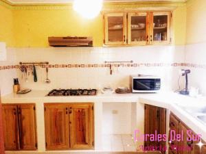 a kitchen with wooden cabinets and a microwave at travis.apartments in La Viva