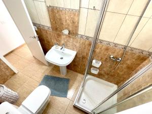 W łazience znajduje się prysznic, umywalka i toaleta. w obiekcie Sea Soul Apartment Puerto Santiago w mieście Puerto de Santiago +8 zdjęć