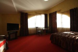 um quarto de hotel com uma cama e uma televisão em Chagari Hotel em Lypnyky