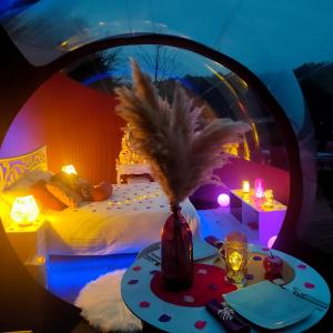 een kamer met een bed en een tafel met een vaas met veren bij La Bulle Des Anges in Illoud