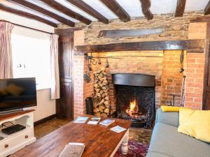 sala de estar con chimenea y sofá en Apple Tree Cottage, en Horsham