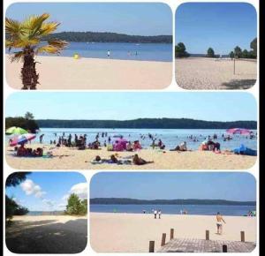 een collage van foto's van een strand met mensen erop bij Mobilhome COSY - espace aquatique - lac in Gastes