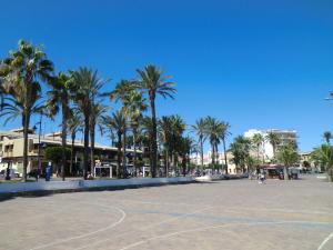 un aparcamiento con palmeras y una cancha de baloncesto en Casa del Mar Menor, en San Javier