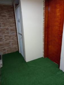 einen Flur mit grünem Teppich und einer Tür in der Unterkunft Quarto com suíte para mulheres in Rio de Janeiro
