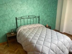 a bedroom with a white bed with green walls at Dúplex CENTRICO LA RANITA SALMANTINA in Salamanca
