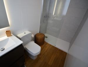a bathroom with a shower and a toilet and a sink at Santiago Apartment in Santiago de Compostela