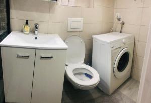 a bathroom with a toilet and a sink and a washing machine at Mini apartman Smile Travnik in Travnik +7 photos