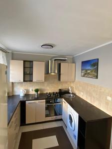 a kitchen with a stove and a washer and dryer at Apartament - Leśna Apart in Hel