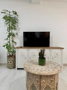a table in front of a tv with two potted plants at A Das Marías ESTUDIO in Ourense