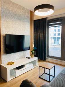 een woonkamer met een grote flatscreen-tv bij Plac Unii Gdynia in Gdynia
