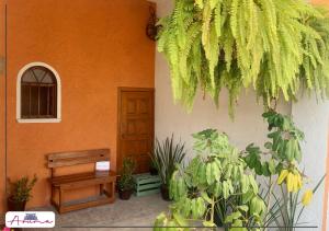 un portico con panchina e piante e un edificio di Aruma Cuernavaca a Cuernavaca