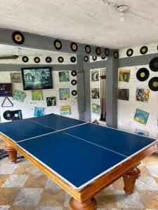a blue ping pong table in a room with a wall at Hotel Cabañas De Rozo in Rozo
