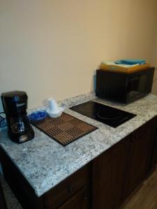 a kitchen counter top with a coffee maker and a coffee pot at Anglers Hideaway Cabins Extended Stay in Mead