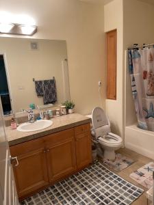 een badkamer met een wastafel, een toilet en een spiegel bij Resort like stay in a lovely room near UCI in Irvine