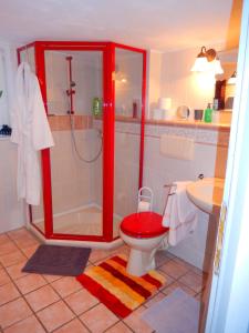 a bathroom with a red shower with a toilet and a sink at Visavis Villa Velo in Jestädt