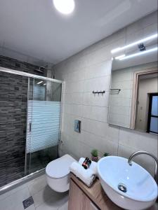 bagno con lavandino, servizi igienici e specchio di Minos Studios a Chania