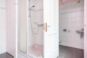 een badkamer met douche en toilet bij Voorstraat 30 Appartement in Colijnsplaat