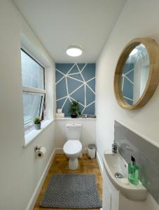 a bathroom with a toilet and a sink and a mirror at Prosper House Apartments in Norwich