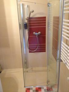 y baño con ducha y puerta de cristal. en Platán apartman, en Budapest