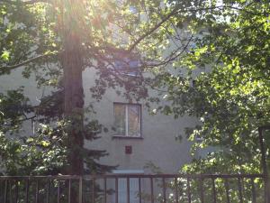 um edifício com uma janela no meio das árvores em Platán apartman em Budapeste