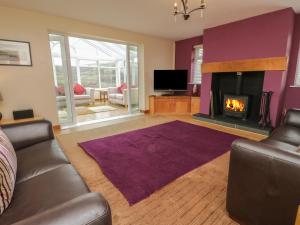 a living room with a couch and a fireplace at Bryn Derw Holiday Cottage in Eglwys-Fâch