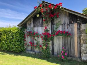 a wooden shed with red flowers on it at Domaine de la moriniere in Commequiers
