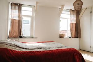 a bedroom with a bed and two windows at Bed and Breakfast du Parc in Zaandam