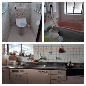 a bathroom with a sink and a toilet and a bath tub at 泰山木美山 in Nantan city