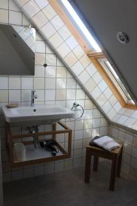 a bathroom with a sink and a skylight at Fehmarn-OstseeferienMöwennest 1532 in Sahrensdorf