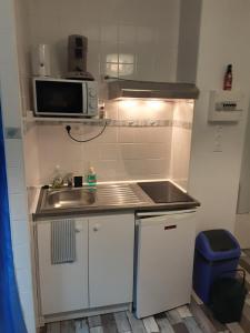 una pequeña cocina con fregadero y microondas en La Maison du Monde, en Limoges