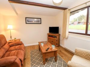 a living room with a couch and a tv at Daffodil Lodge in Saltburn-by-the-Sea
