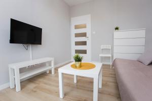 ein Wohnzimmer mit einem Sofa, einem TV und einem Tisch in der Unterkunft Urban Jungle - Silver Apartment in Białystok