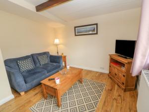 a living room with a blue couch and a television at Orchid Lodge in Saltburn-by-the-Sea