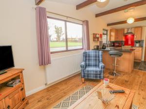 uma sala de estar com uma televisão, uma cadeira e uma janela em Orchid Lodge em Saltburn-by-the-Sea
