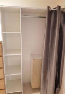 a closet with shelves and a curtain in a room at Appartement cosy et agréable avec terrasse privée in Horbourg