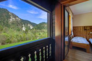 a bedroom with a window with a view of a mountain at Schronisko PTTK Trzy Korony in Sromowce Niżne