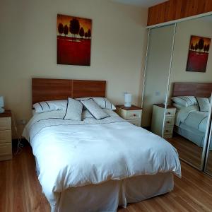 a bedroom with a large white bed and a mirror at Ros na gCloch in Westport