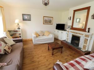 a living room with a couch and a fireplace at Lough Mask Road Fishing Lodge in Cong