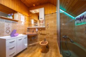 ein Badezimmer mit zwei Waschbecken, einer Dusche und einem WC in der Unterkunft Farm Stay Trlej in Begunje