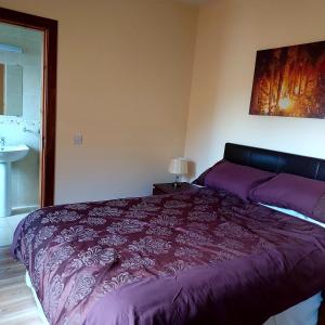 a bedroom with a purple bed and a sink at Ros na gCloch in Westport