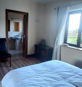 a bedroom with a bed and a bathroom with a window at Ros na gCloch in Westport