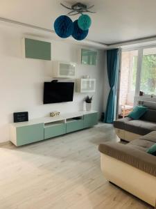 ein Wohnzimmer mit einem Sofa und einem TV in der Unterkunft Perfect, relaxing and cozy apartment in Timişoara